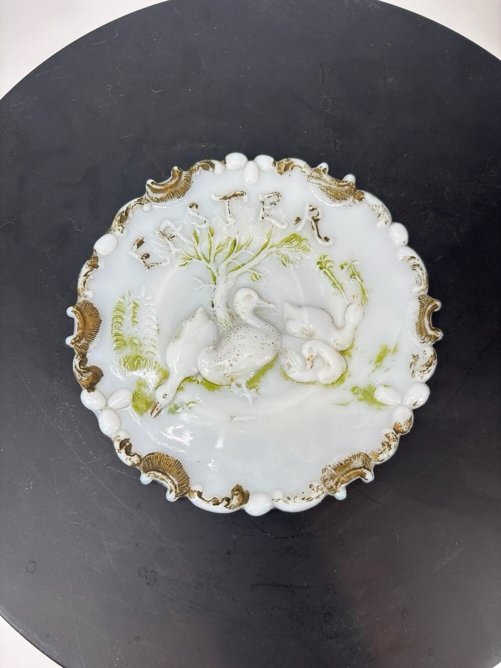 Dithridge EAPG White Milk Glass Easter Plate Ducks Embossed Antique